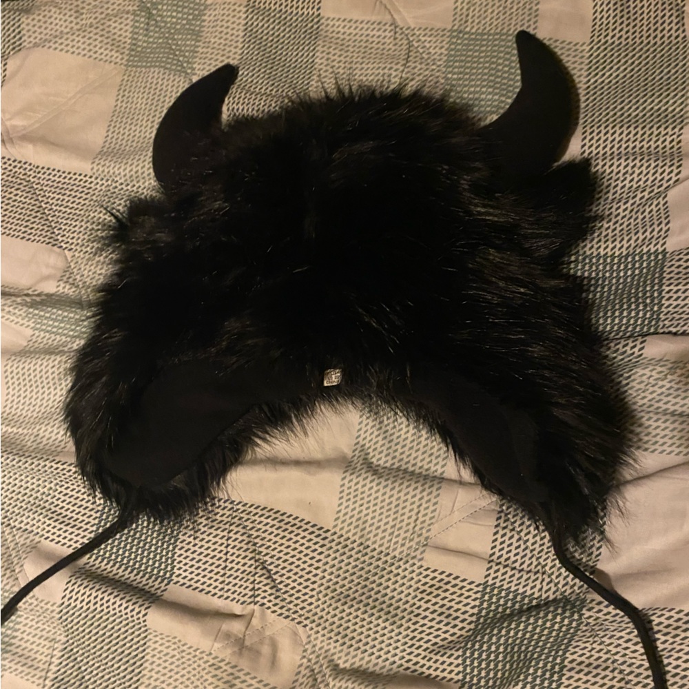 Black Faux Fur Horned Hat